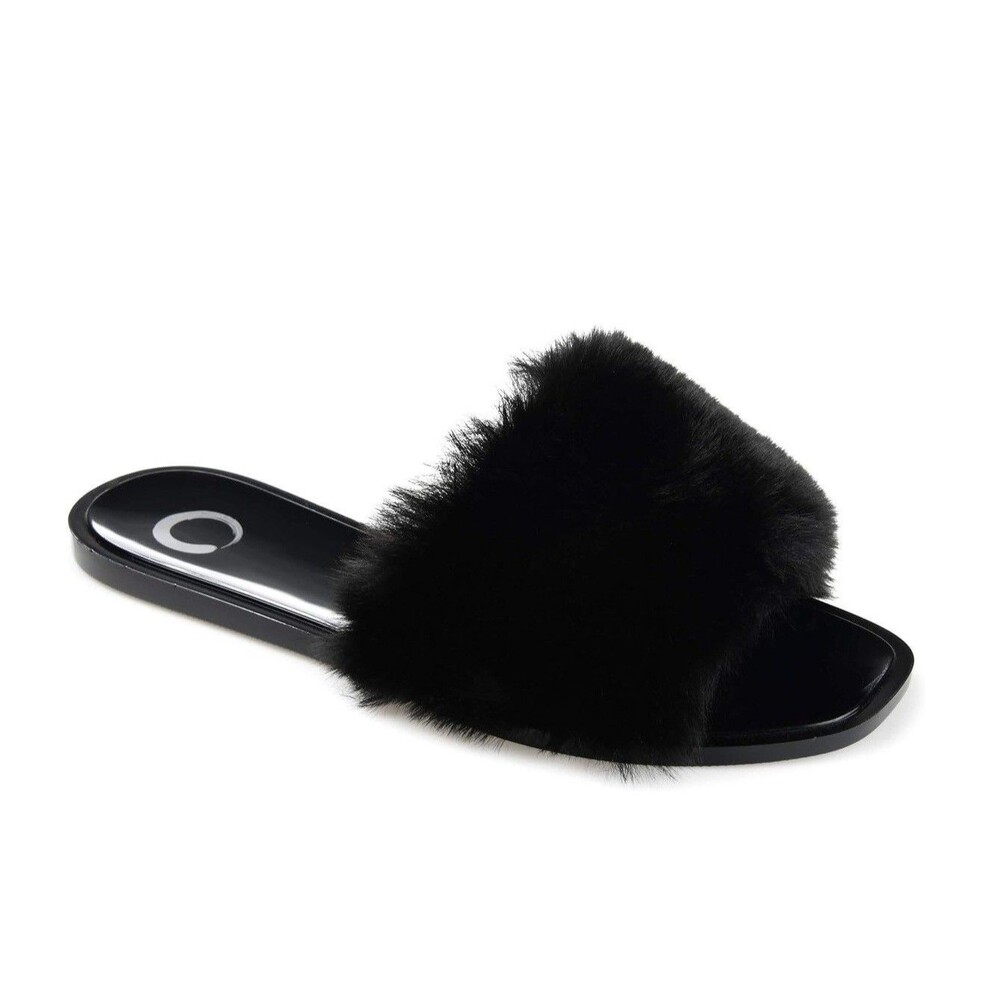 Journee Collection Womens 10 M Black Dusk Faux Fur Slide Flat Sandals NIB IY2